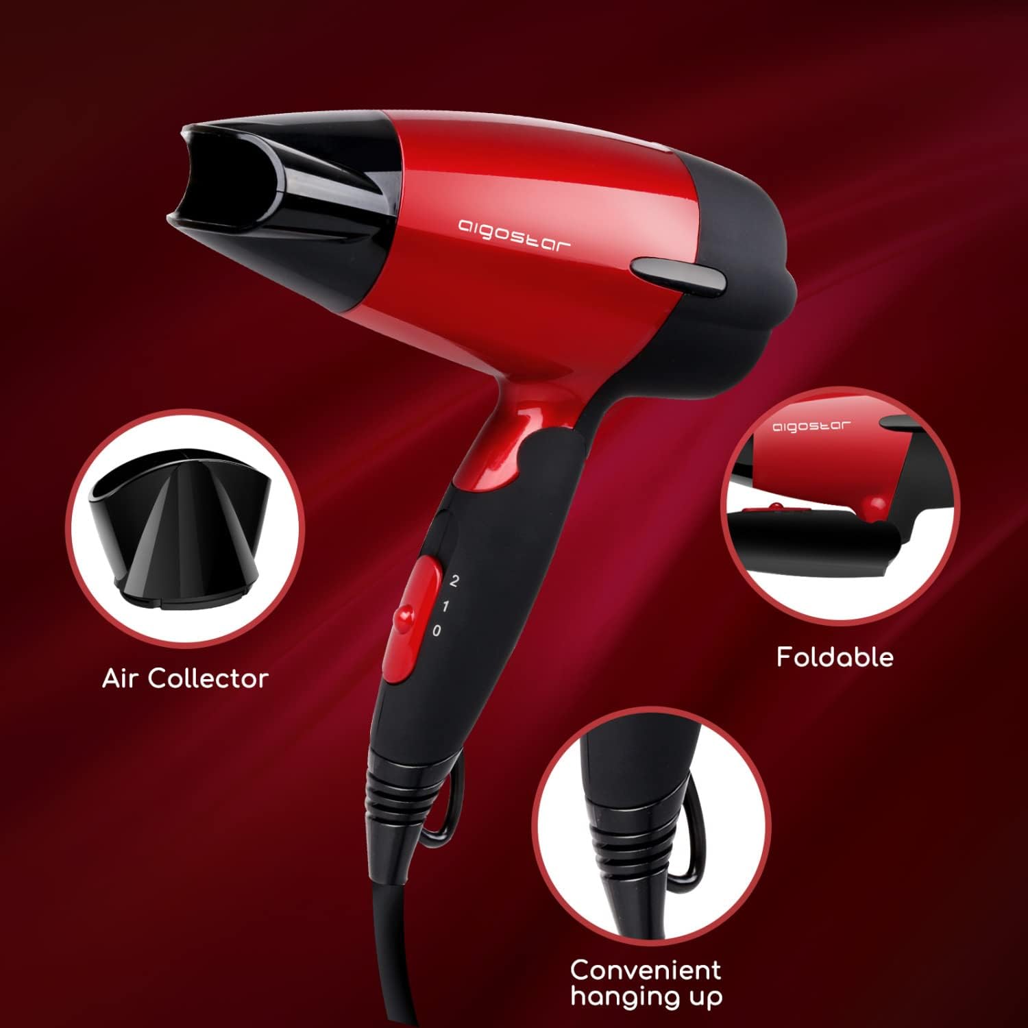 Aigostar 320000GQT Secador de Pelo 1500W, Secador de Viaje con Mango Plegable